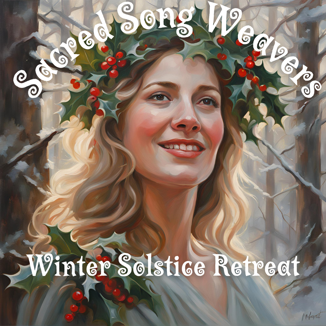 sacred song weavers winter solstice retreat, woman with long wavy hair, and a holly crown.